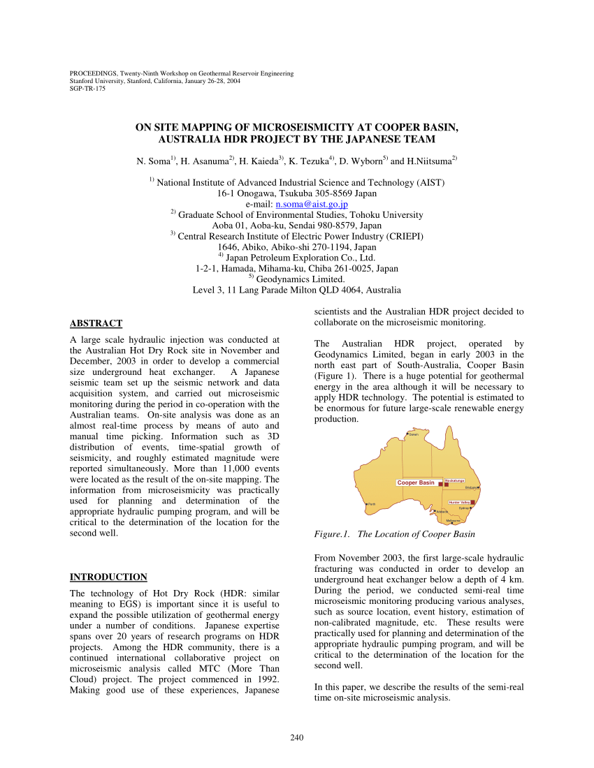Pdf On Site Mapping Of Microseismicity At Cooper Basin Australia Hdr Project By The Japanese Team