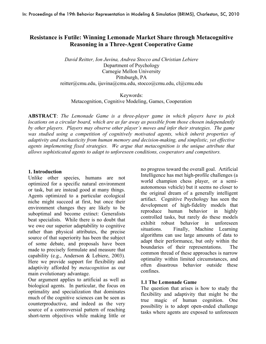 PDF) Resistance is Futile: Winning Lemonade Market Share through  Metacognitive Reasoning in a Three-Agent Cooperative Game