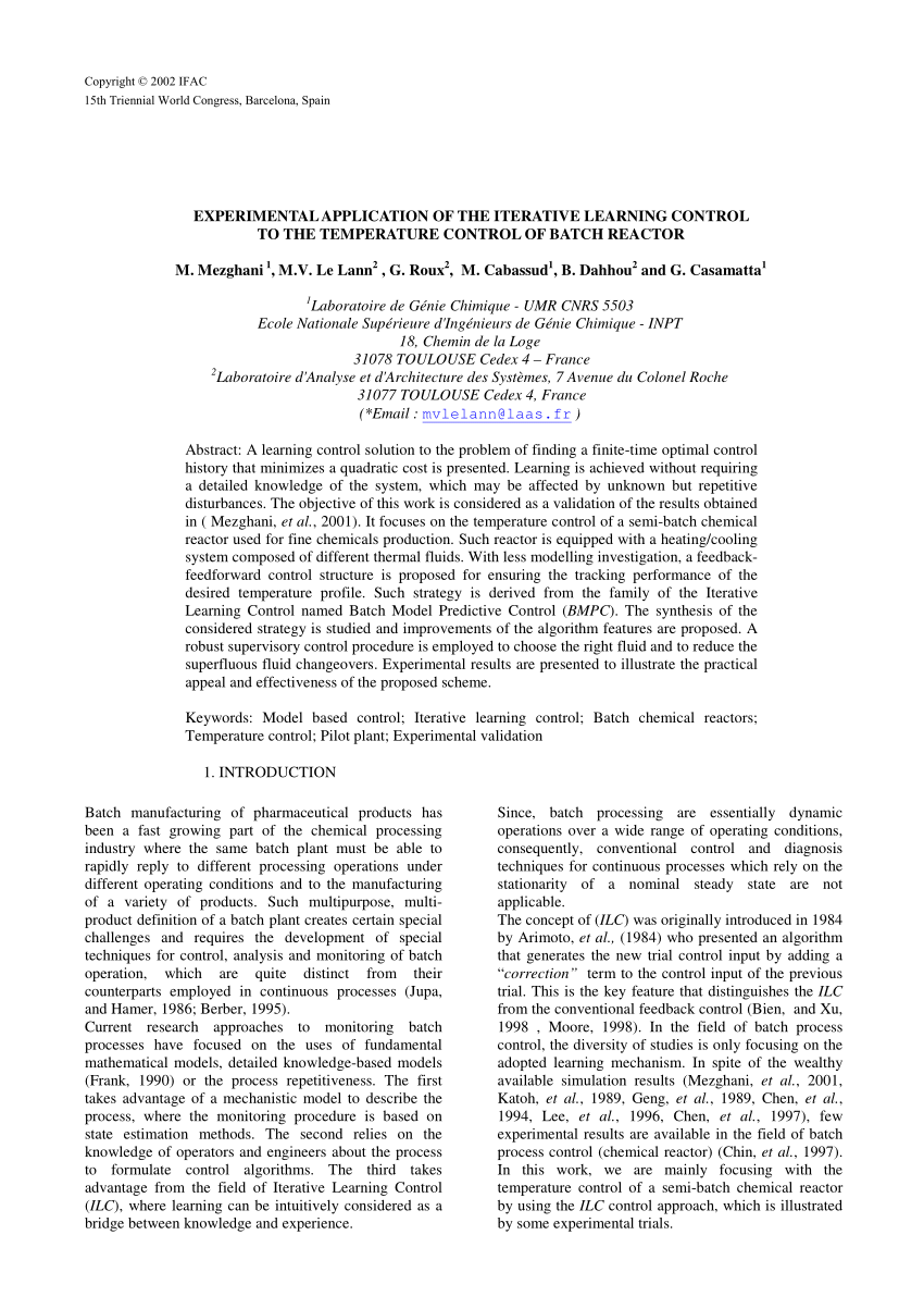 Pdf Experimental Application Of The Iterative Learning Control To The Temperature Control Of Batch Reactor