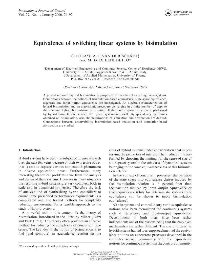 Pdf Equivalence Of Switching Linear Systems By Bisimulation