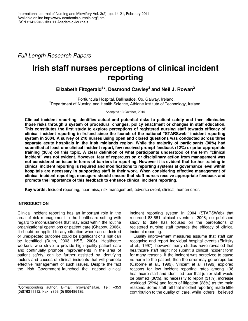 PDF) Irish staff nurses perceptions of clinical incident reporting