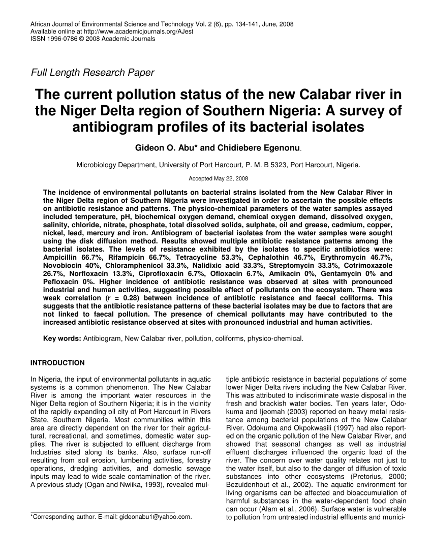 Pdf The Current Pollution Status Of The New Calabar River In The Niger Delta Region Of