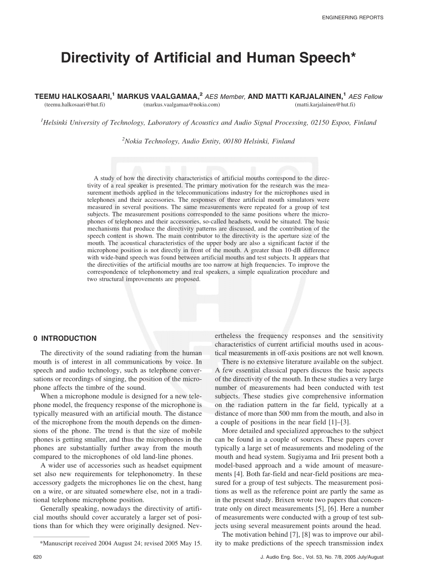 Pdf Directivity Of Artificial And Human Speech