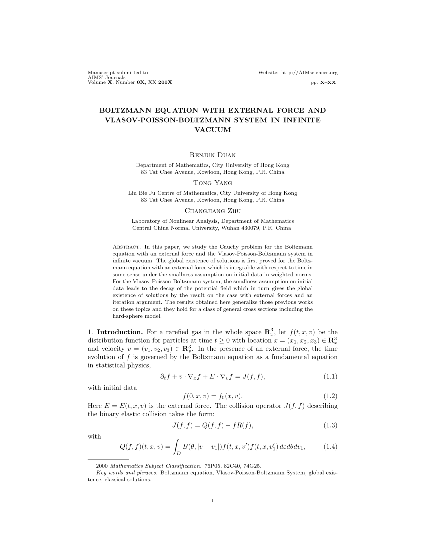 (PDF) Boltzmann equation with external force and Vlasov-Poisson ...