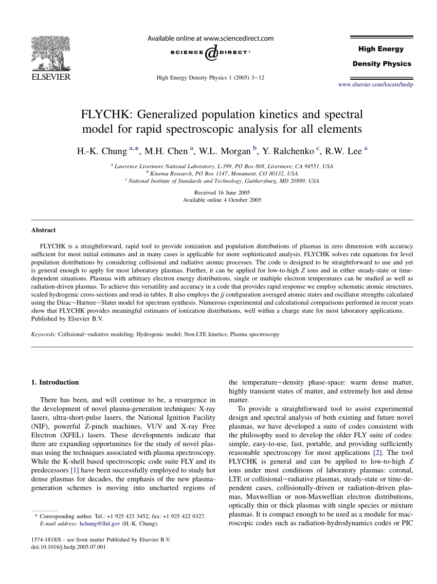 Pdf Flychk Generalized Population Kinetics And Spectral Model For Rapid Spectroscopic Analysis For All Elements