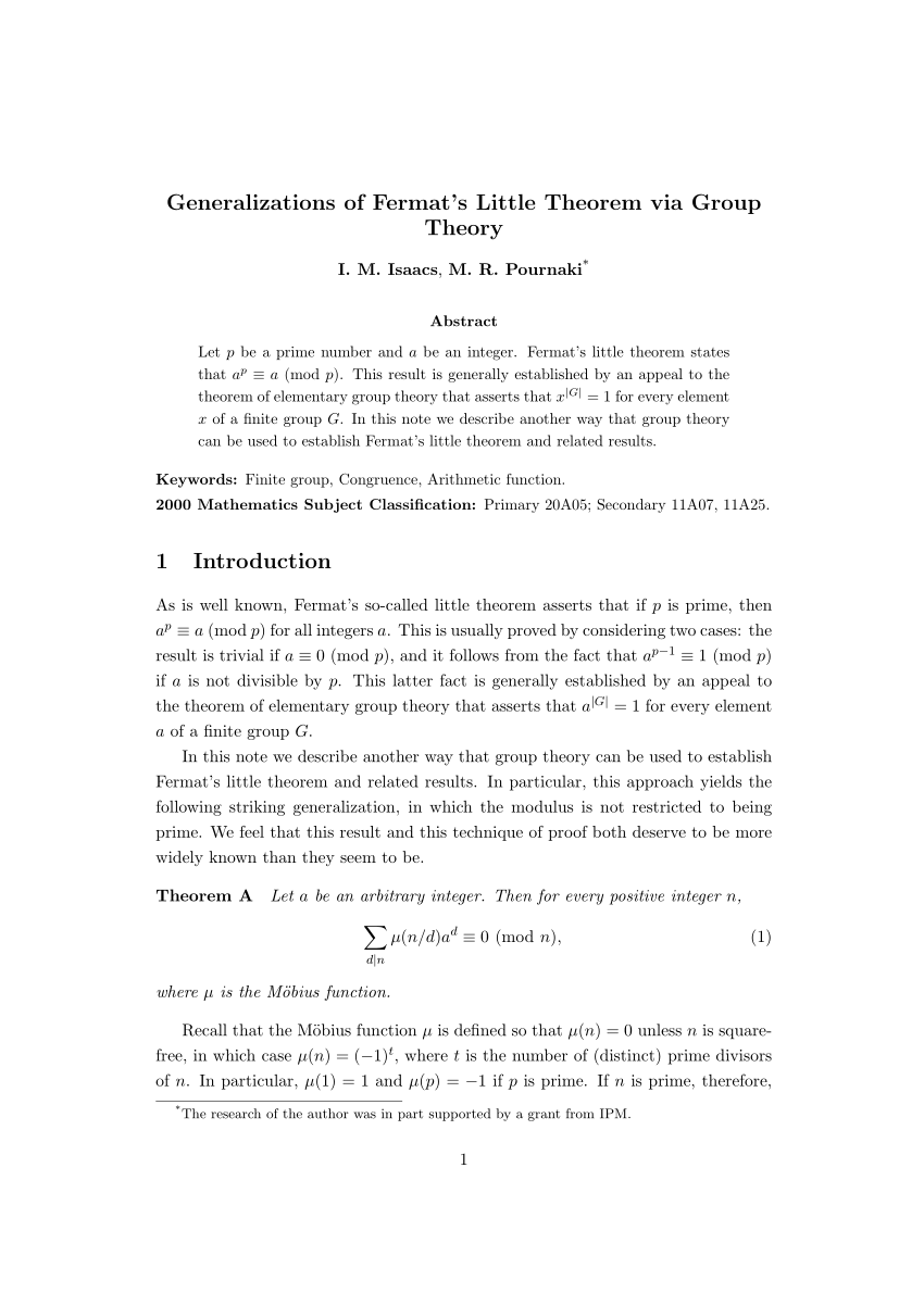 Pdf Generalizations Of Fermat S Little Theorem Via Group Theory