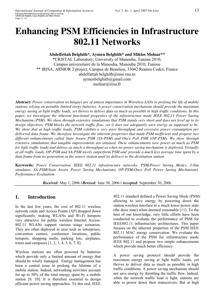 (PDF) Enhancing PSM Efficiencies in Infrastructure 802.11 Networks