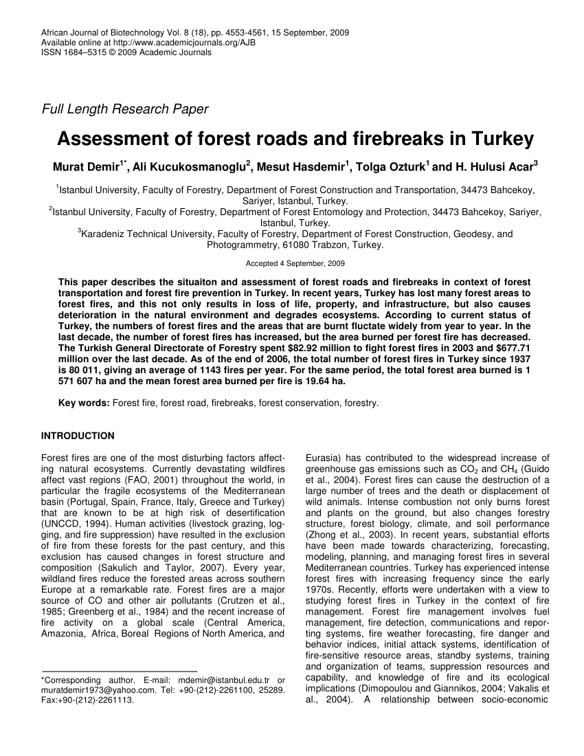 pdf assessment of forest roads and firebreaks in turkey