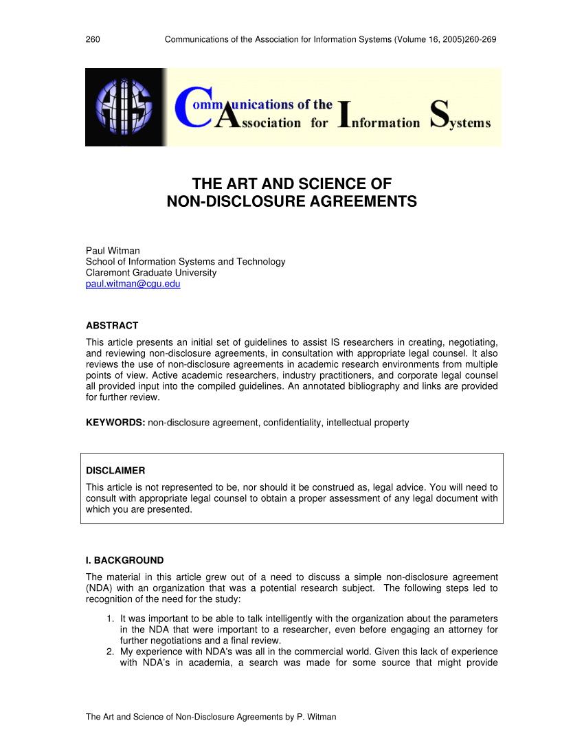 PDF) The Art and Science of Non-Disclosure Agreements Intended For non disclosure agreement template for research