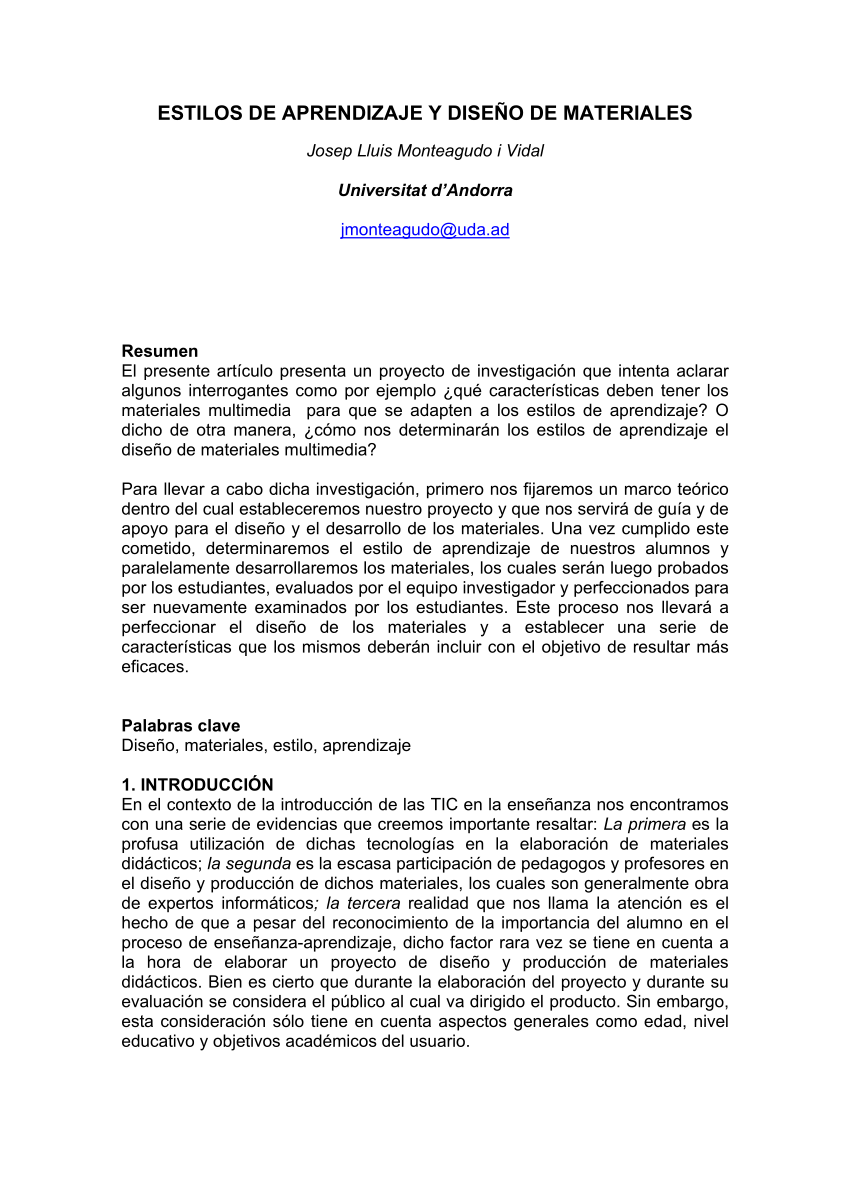 PDF) ESTILOS DE APRENDIZAJE Y DISEÑO DE MATERIALES