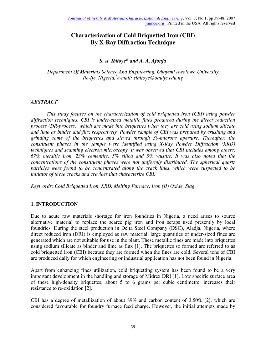 Pdf Characterization Of Cold Briquetted Iron Cbi By X Ray Diffraction Technique