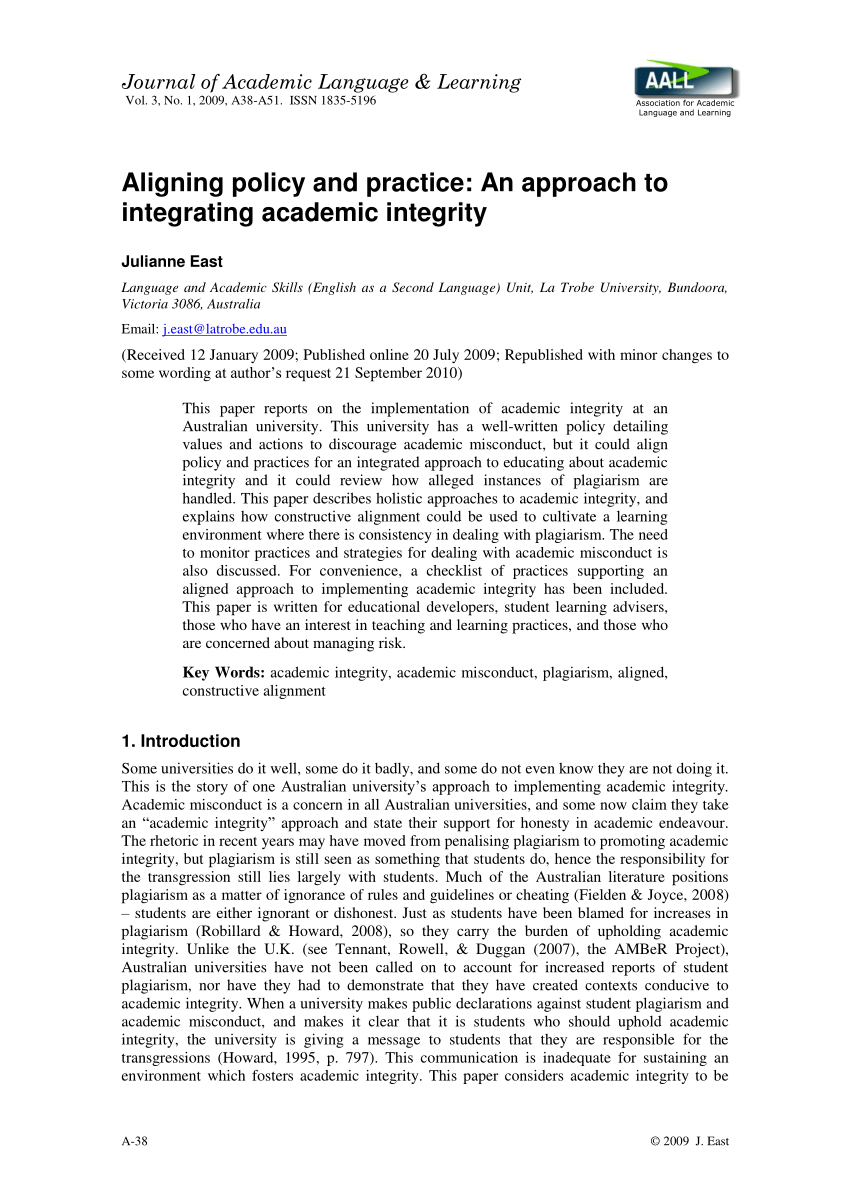 Pdf Aligning Policy And Practice An Approach To Integrating Academic Integrity