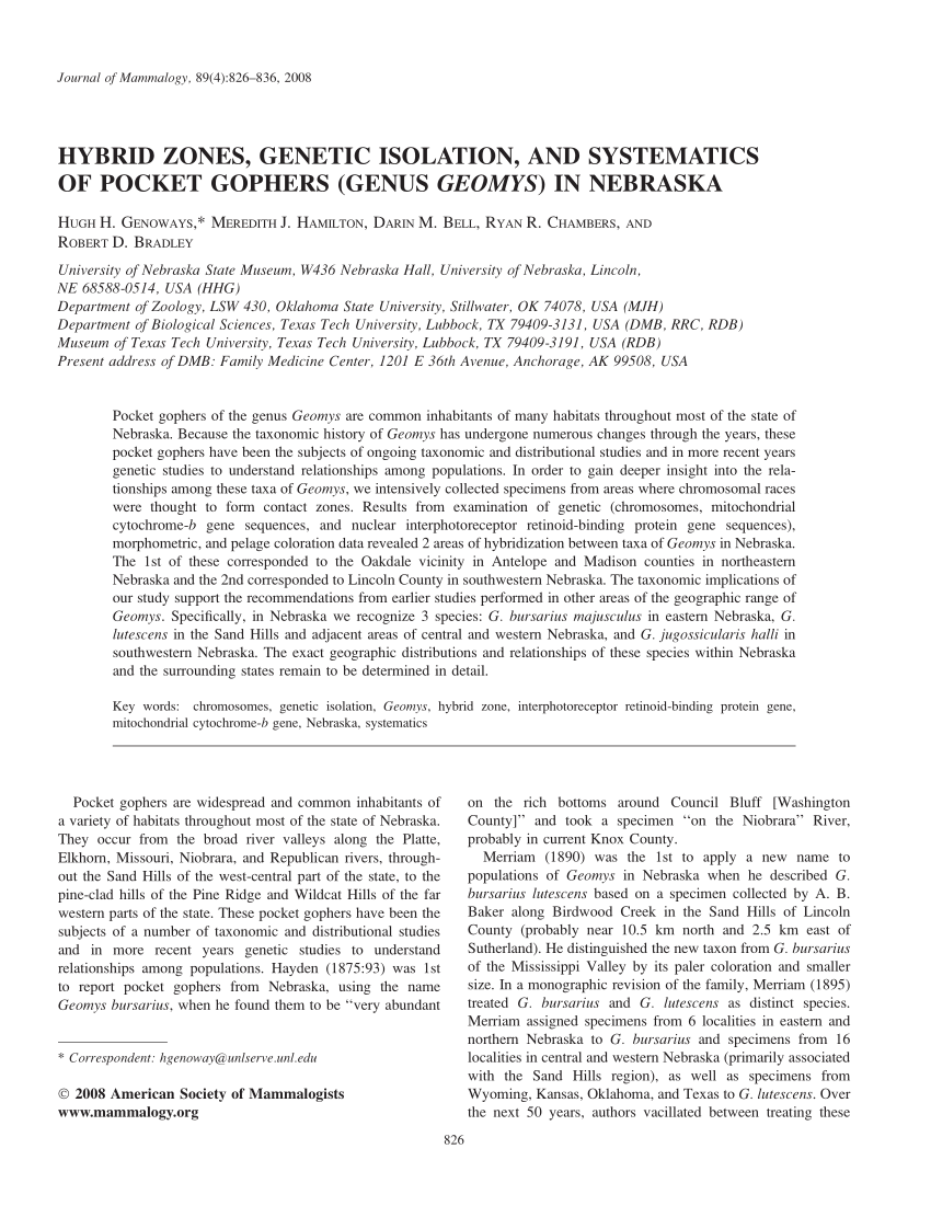 PDF) Hybrid Zones, Genetic Isolation, and Systematics of Pocket Gophers (Genus Geomys) in Nebraska image