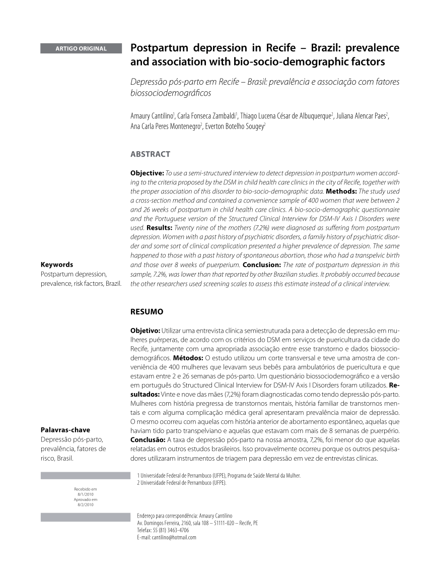 PDF Postpartum depression in Recife Brazil Prevalence and  