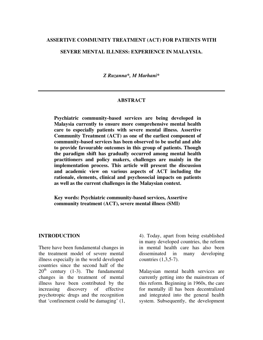 Pdf Assertive Community Treatment Act For Patients With Severe Mental Illness Experience In Malaysia