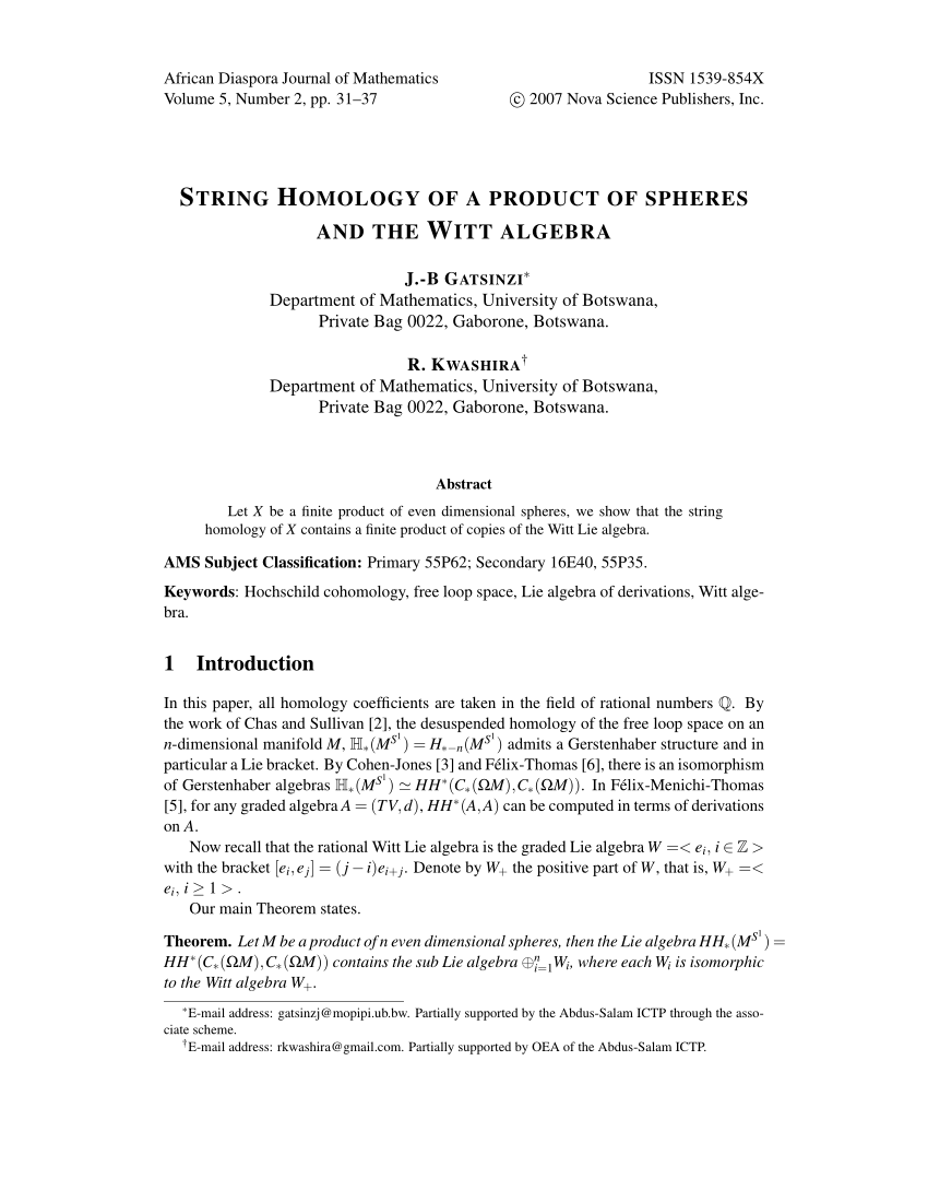 Pdf String Homology Of A Product Of Spheres And The Witt Algebra