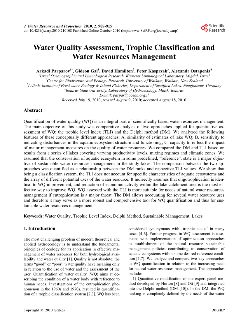 literature review of water quality assessment