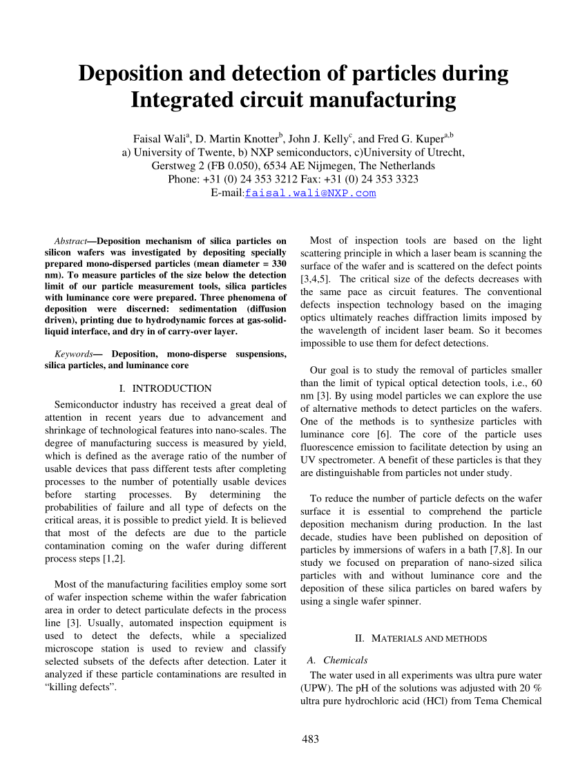 Pdf Deposition And Detection Of Particles During Integrated Circuit Manufacturing