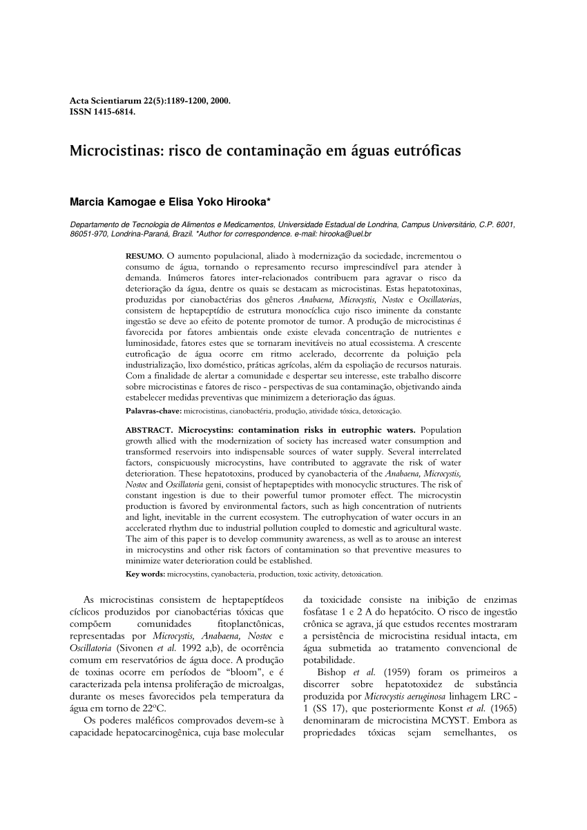 Pdf Microcistinas Risco De Contaminacao Em Aguas Eutroficas