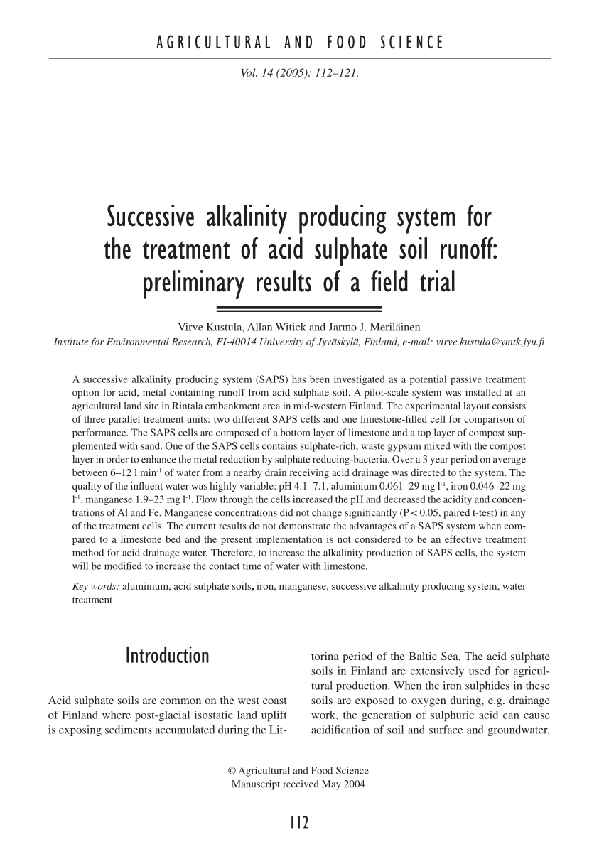 PDF) Successive alkalinity producing system for the treatment of acid  sulphate soil runoff: Preliminary results of a field trial
