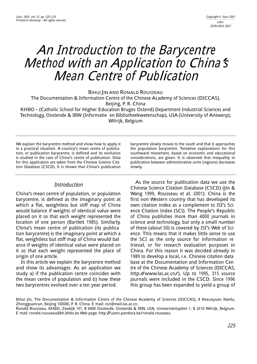 Pdf An Introduction To The Barycentre Method With An Application To China S Mean Centre Of Publication