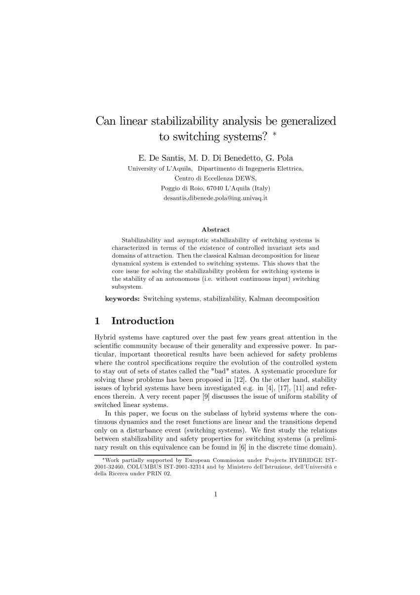 Pdf Can Linear Stabilizability Analysis Be Generalized To Switching Systems