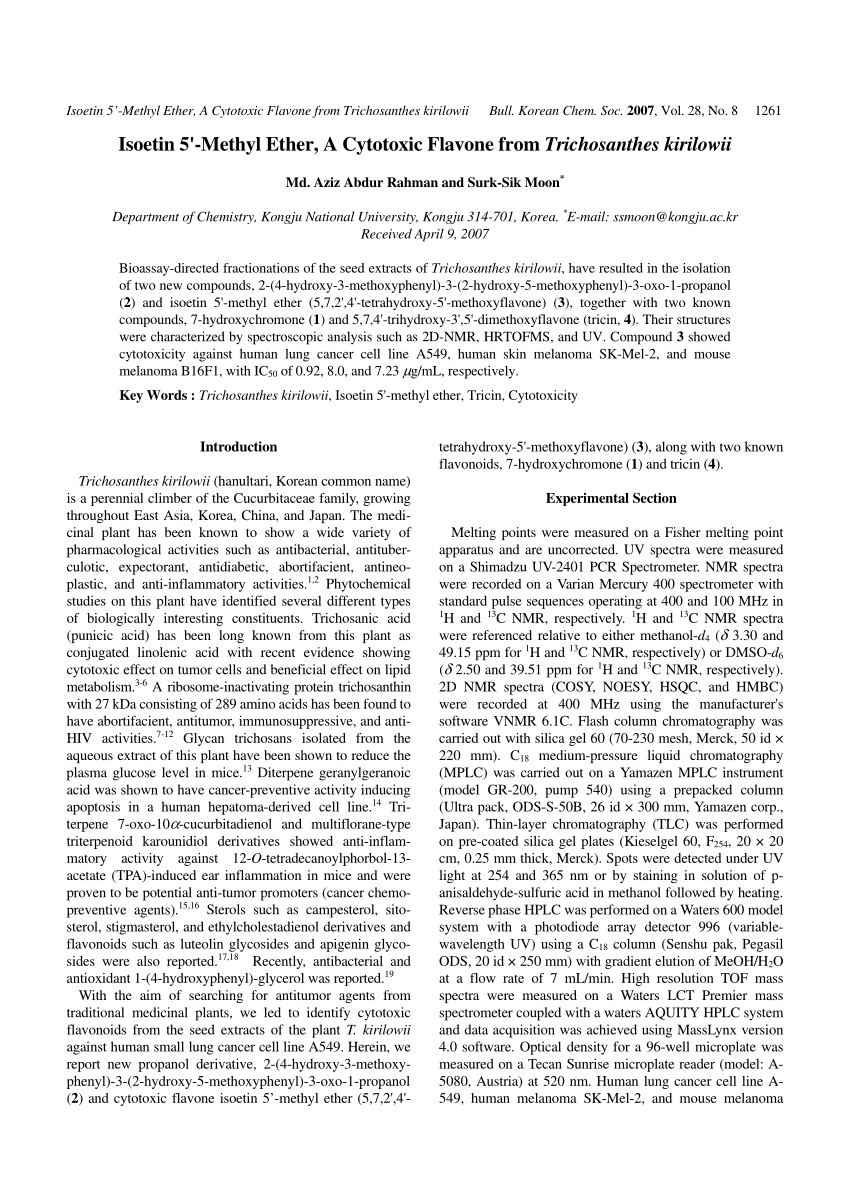 (PDF) Isoetin 5'-Methyl Ether, A Cytotoxic Flavone from Trichosanthes ...