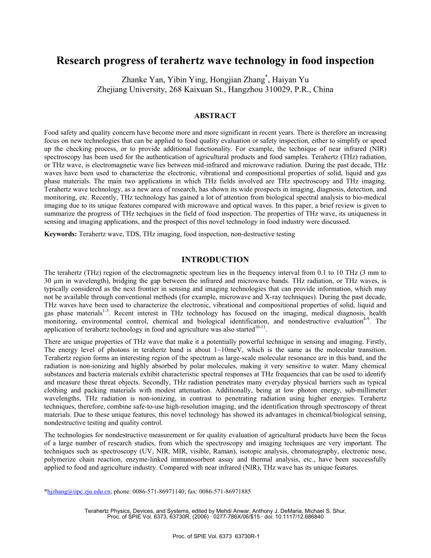 Pdf Research Progress Of Terahertz Wave Technology In Food - 