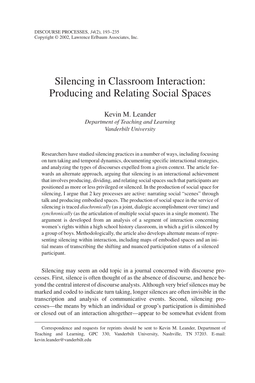 PDF) Silencing in Classroom Interaction Producing and Relating Social Spaces