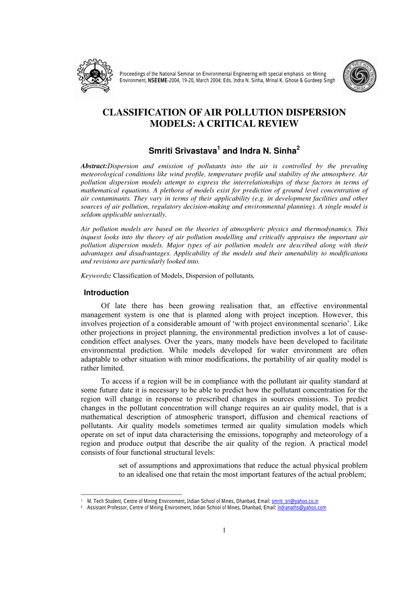 Pdf Classification Of Air Pollution Dispersion Models A - 