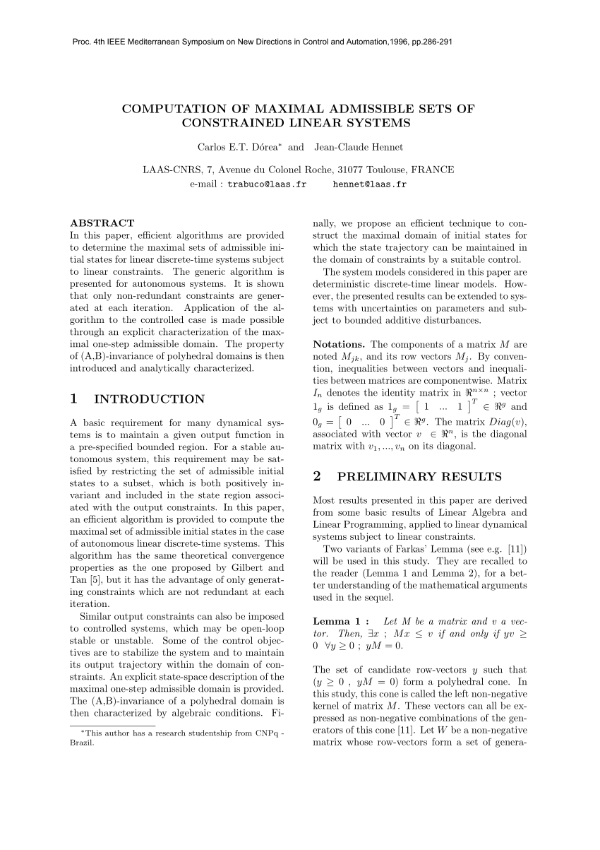 Pdf Computation Of Maximal Admissible Sets Of Constrained Linear Systems