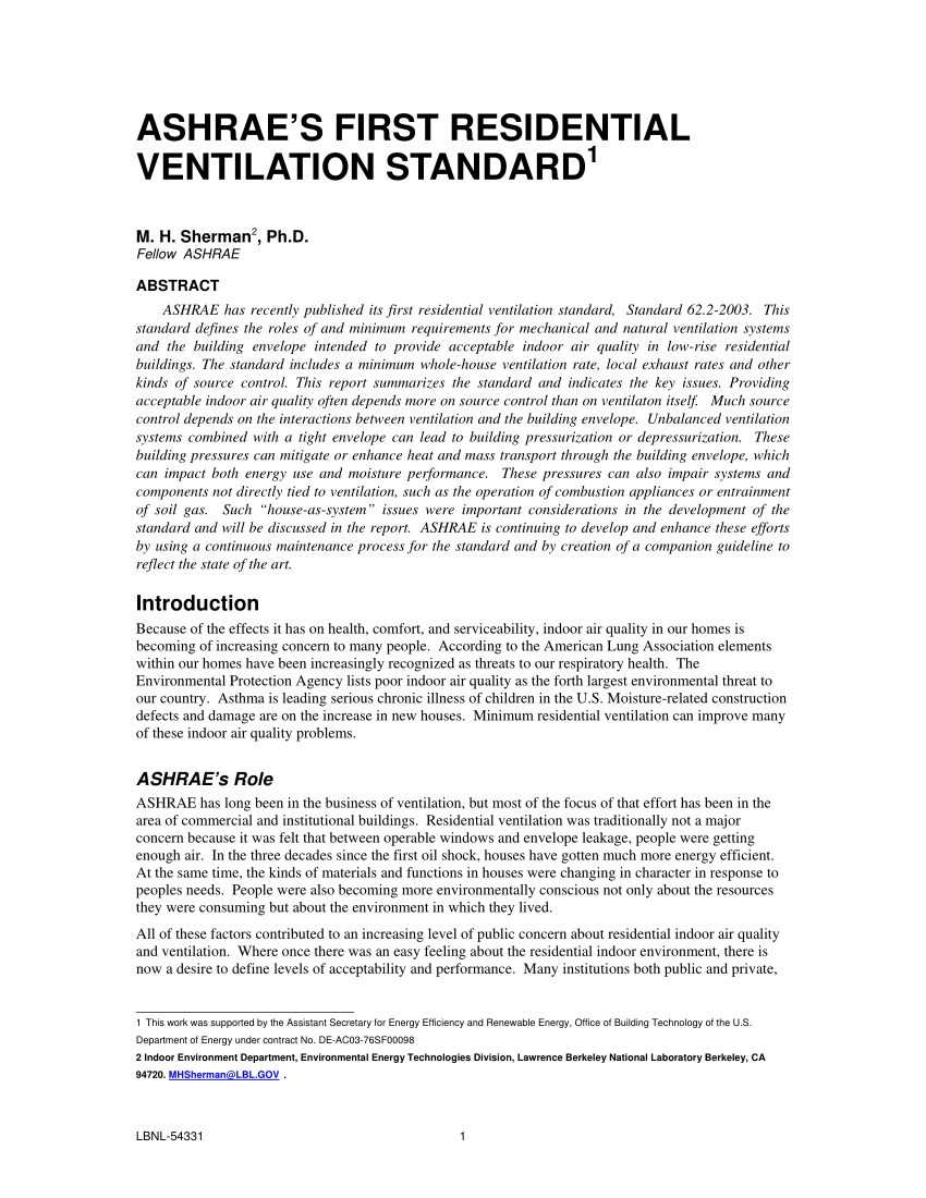 (PDF) ASHRAE's first residential ventilation standard