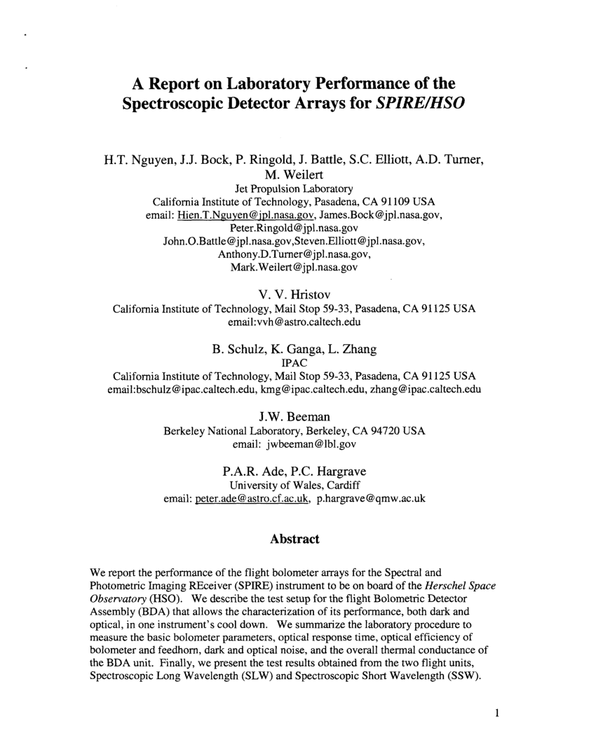 Pdf A Report On Laboratory Performance Of The Spectroscopic Detector Arrays For Spire Hso