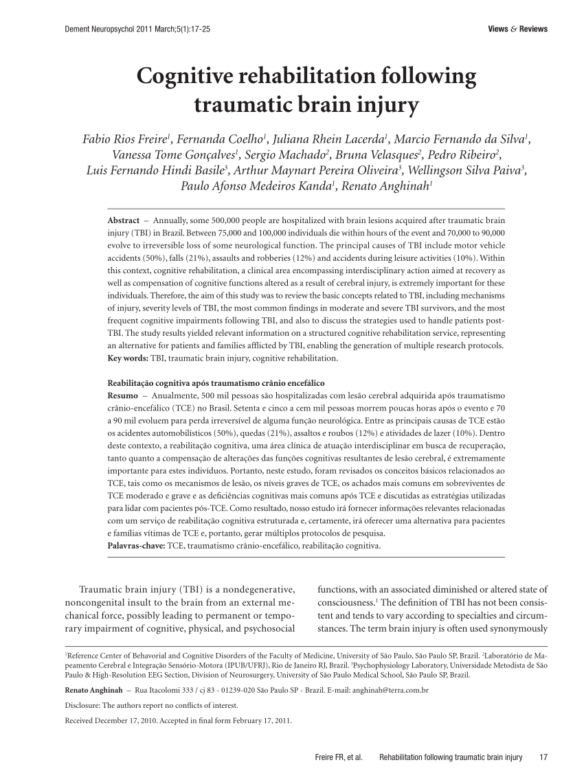 pdf) cognitive rehabilitation following traumatic brain injury
