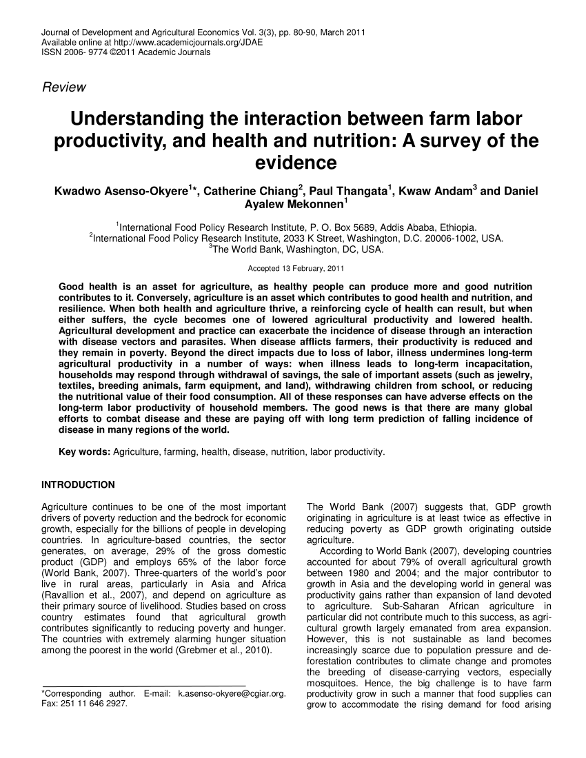 Pdf Understanding The Interaction Between Farm Labor Productivity And Health And Nutrition A Survey Of The Evidence