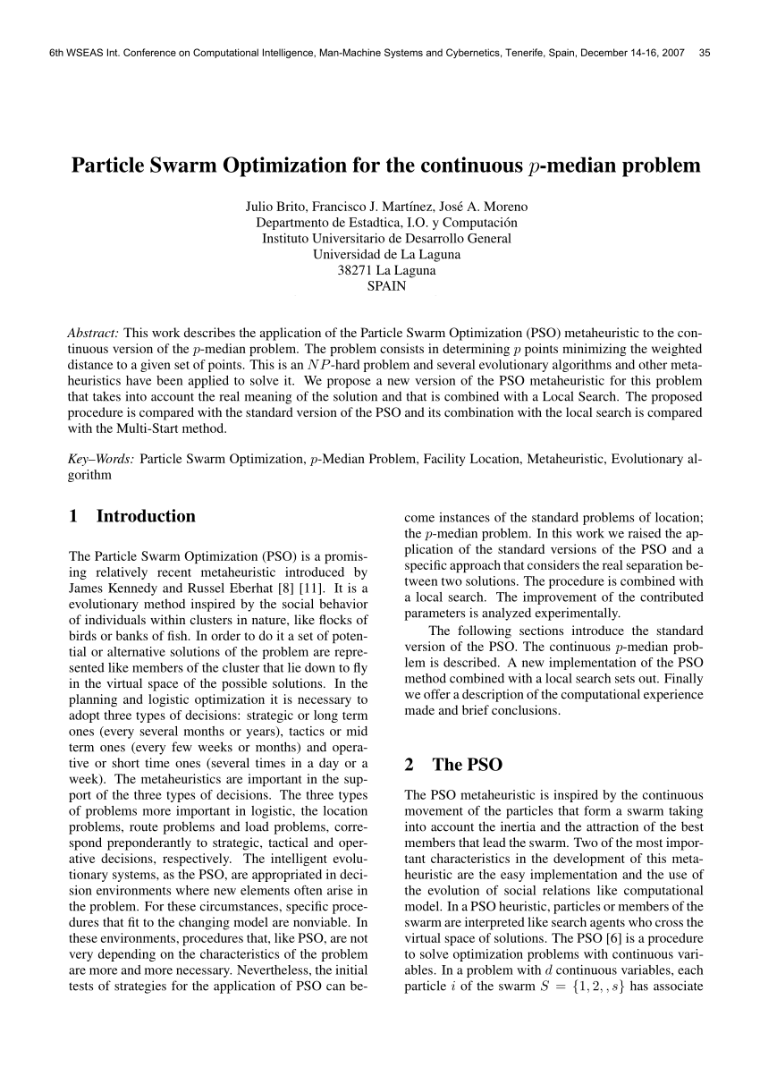 Pdf Particle Swarm Optimization For The Continuous P Median Problem