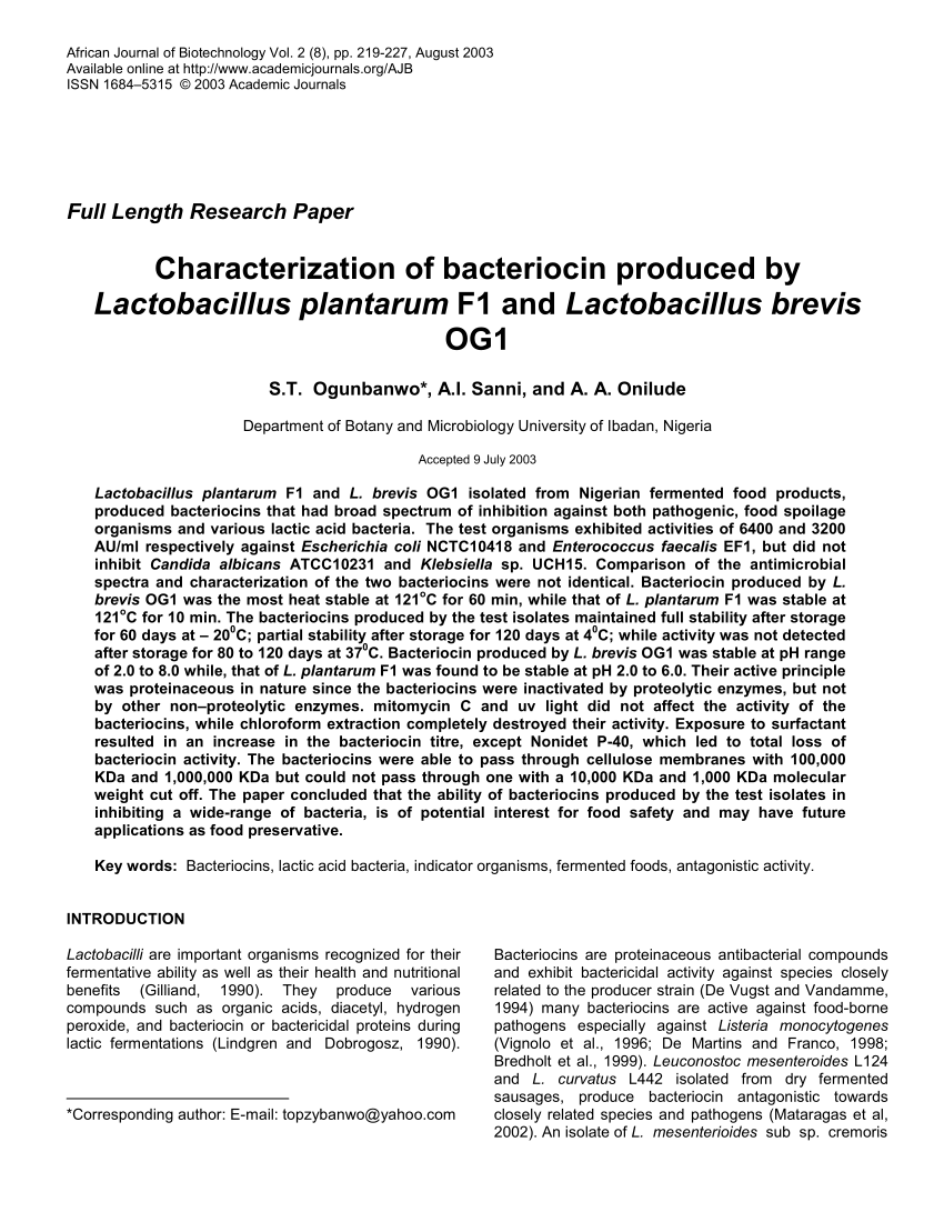 (PDF) Characterization of bacteriocin produced by Lactobacillus ...