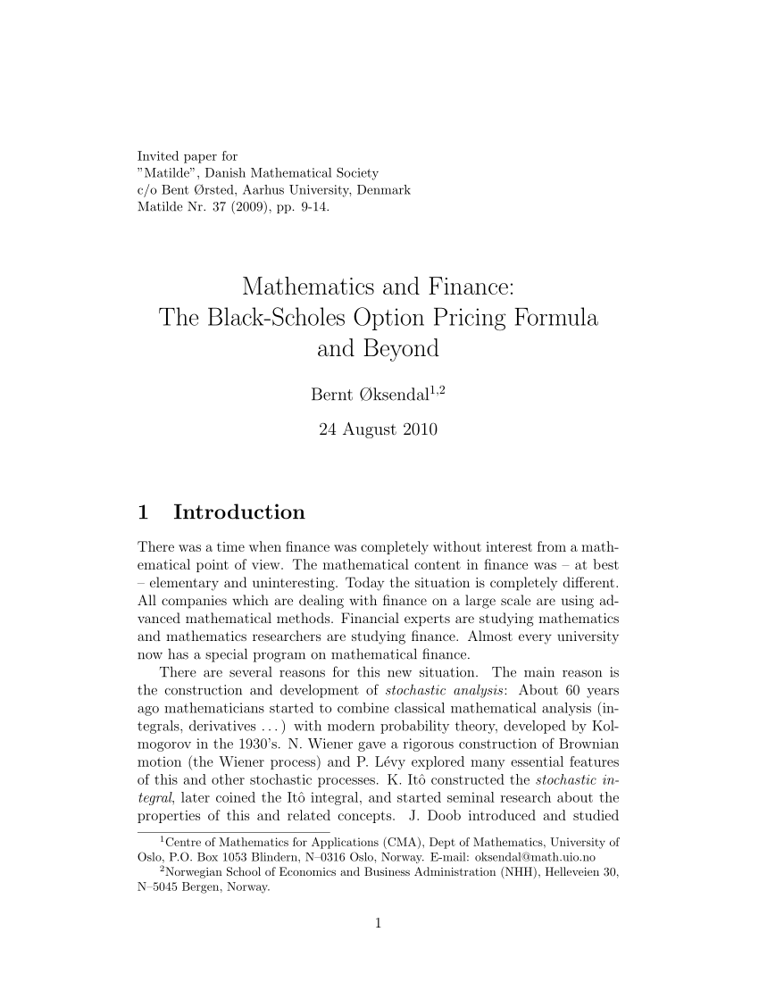 Pdf Mathematics And Finance The Black Scholes Option Pricing Formula And Beyond