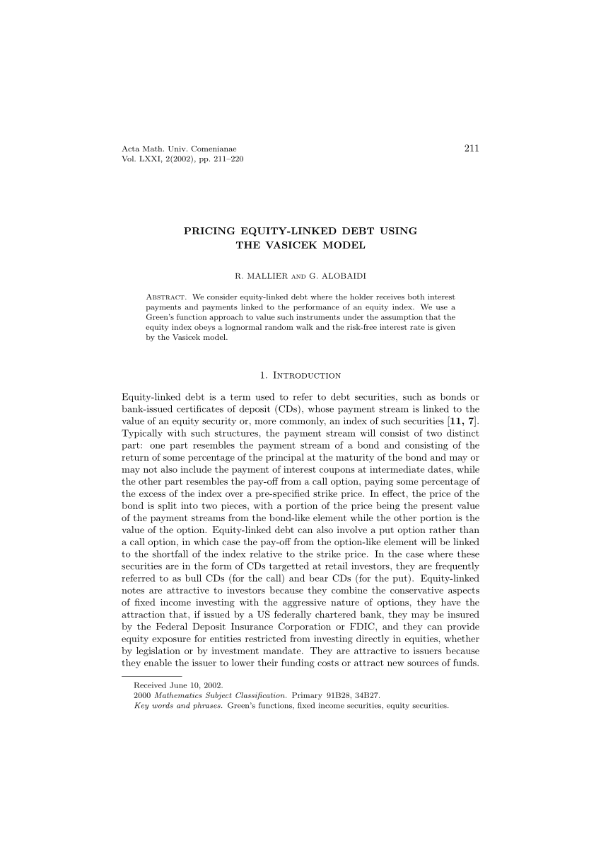 Pdf Pricing Equity Linked Debt Using The Vasicek Model