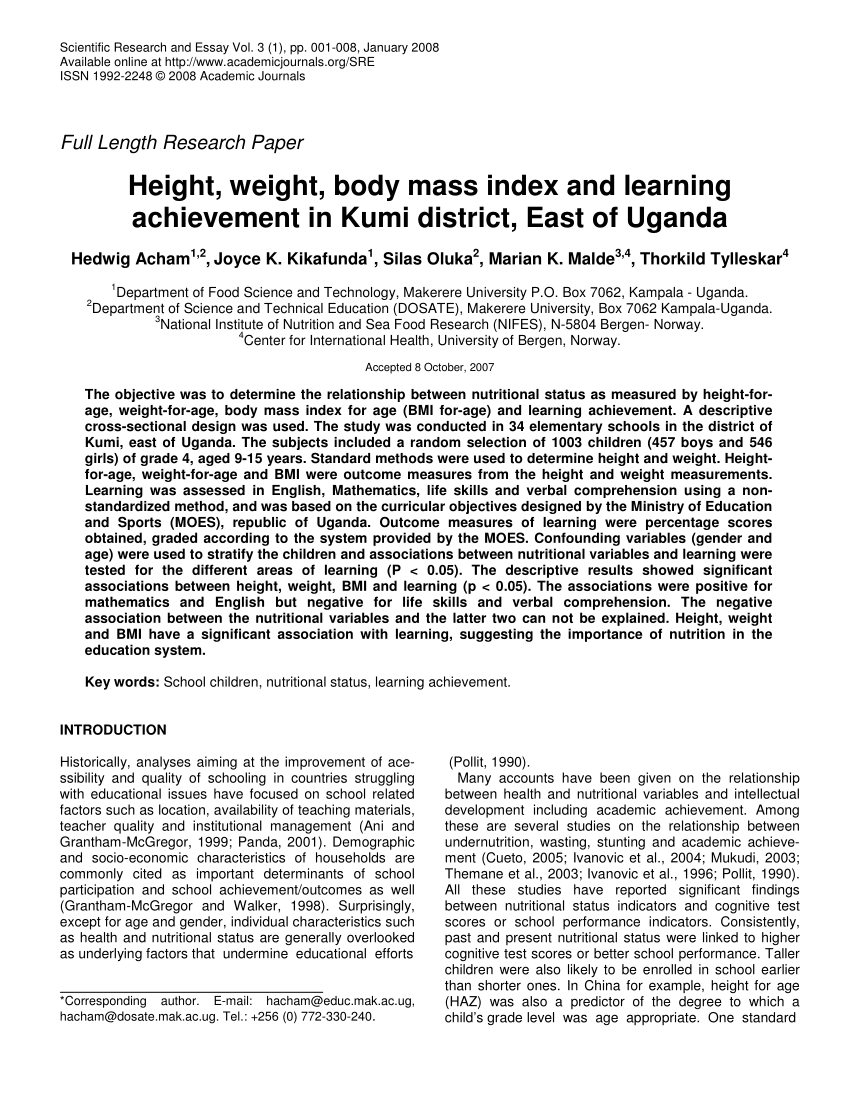 Pdf Height Weight Body Mass Index And Learning Achievement
