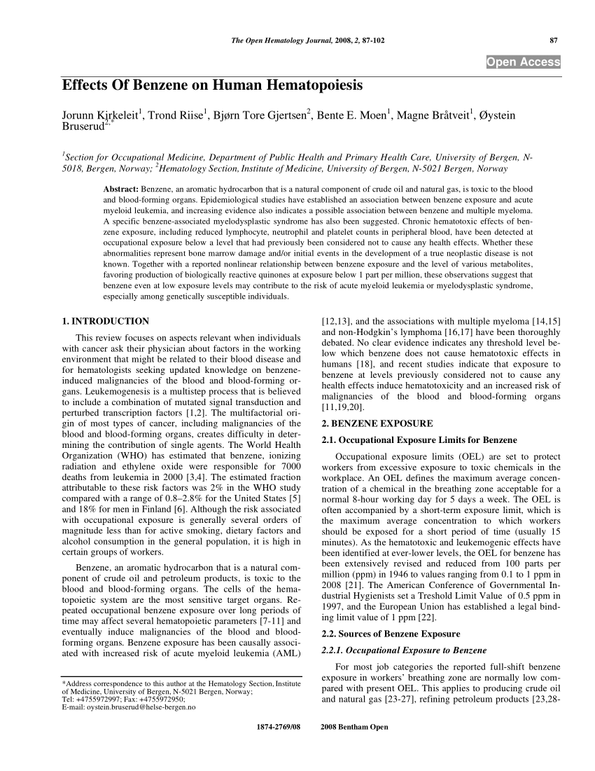 Pdf Effects Of Benzene On Human Hematopoiesis