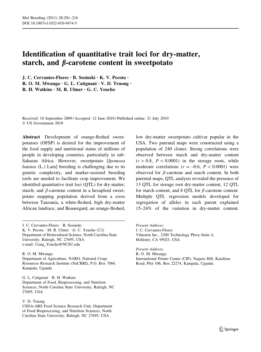 Pdf Identification Of Quantitative Trait Loci For Dry Matter Starch And B Carotene Content In Sweetpotato