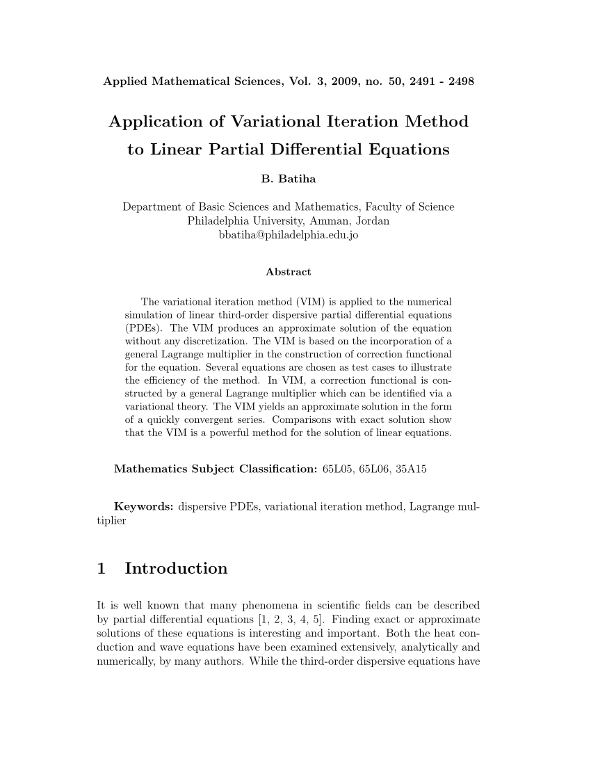 Pdf Application Of Variational Iteration Method To Linear Partial Differential Equations
