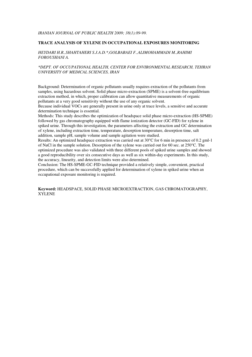 (PDF) Trace Analysis of Xylene in Occupational Exposures Monitoring