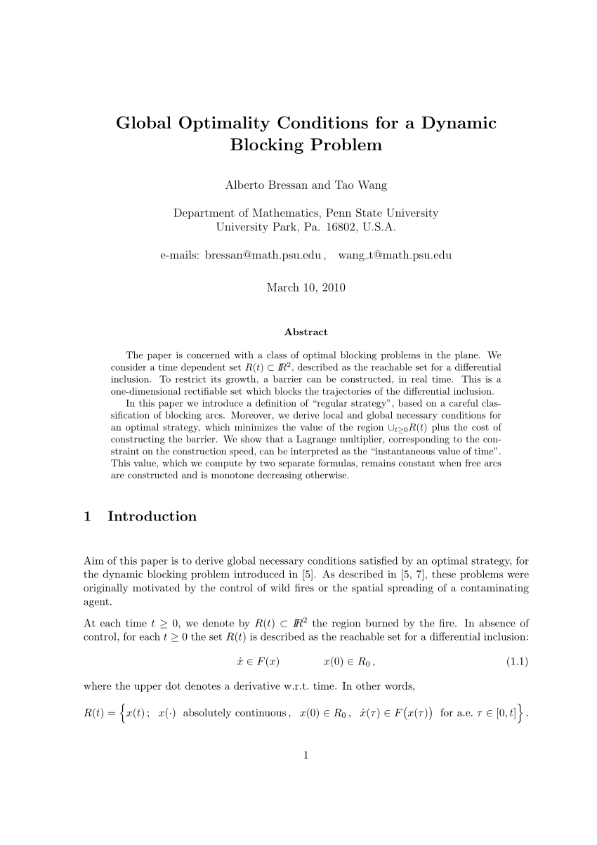 Pdf Global Optimality Conditions For A Dynamic Blocking Problem