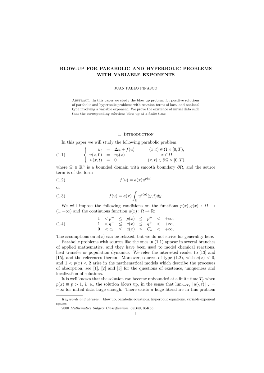Pdf Blow Up For Parabolic And Hyperbolic Problems With Variable Exponents