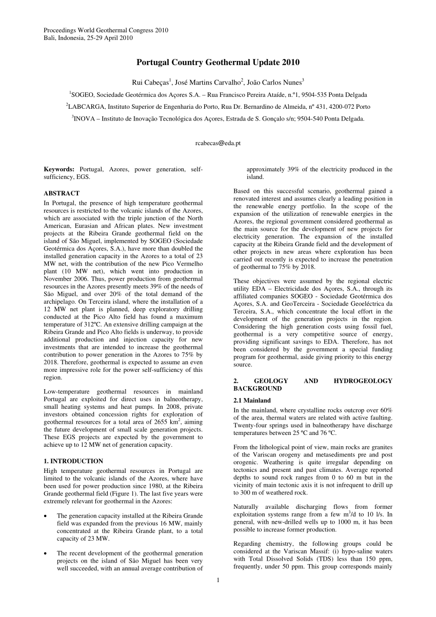 Pdf Portugal Country Geothermal Update 2010