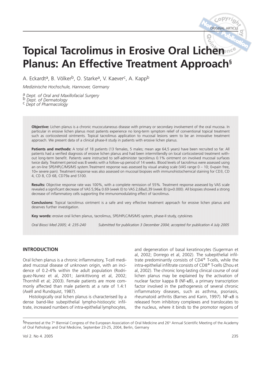 Pdf Topical Tacrolimus In Erosive Oral Lichen Planus An Effective Treatment Approach 7380