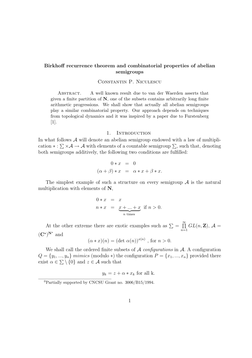 Pdf Birkhoff Recurrence Theorem And Combinatorial Properties Of Abelian Semigroups