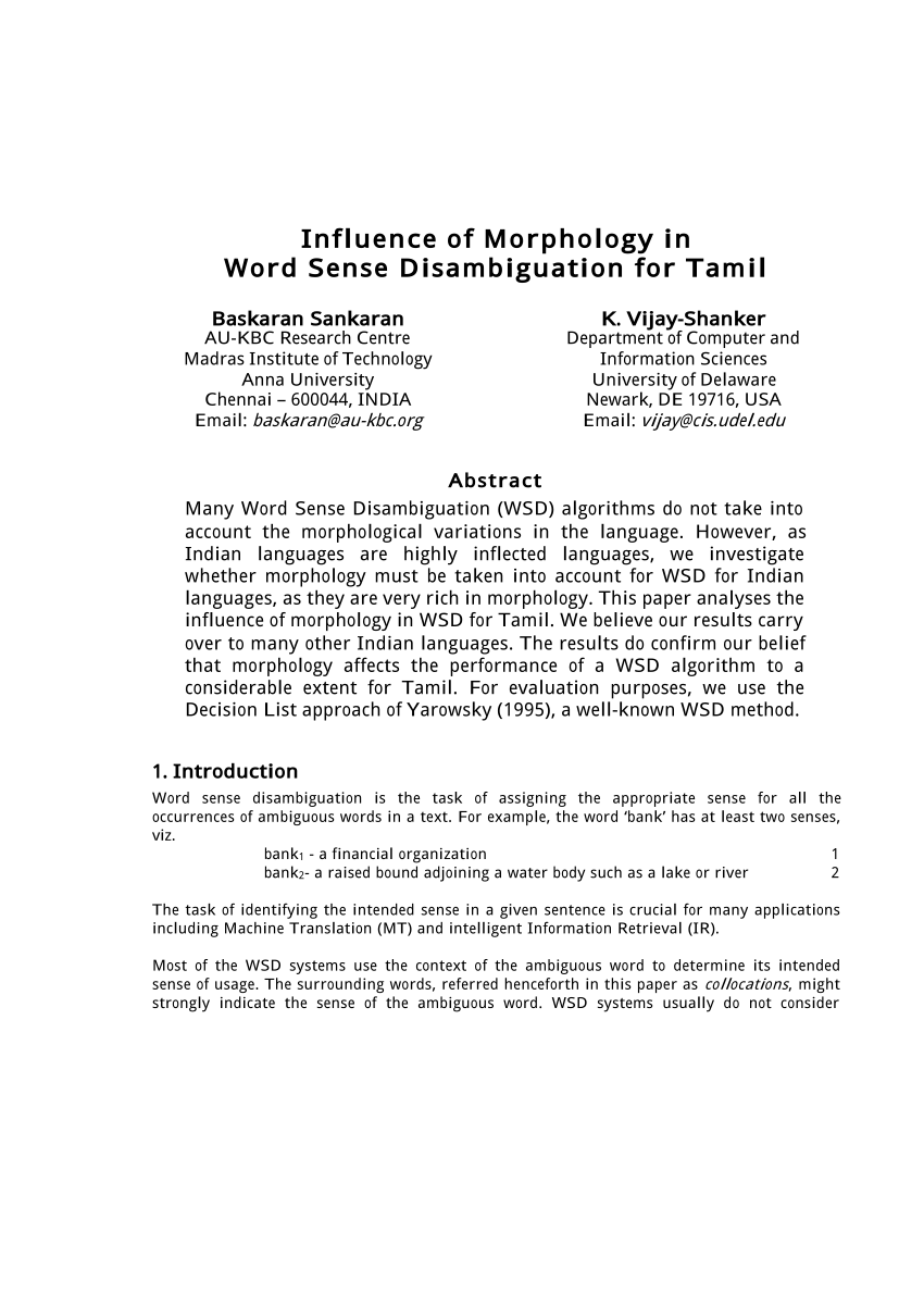 Pdf Influence Of Morphology In Word Sense Disambiguation For Tamil